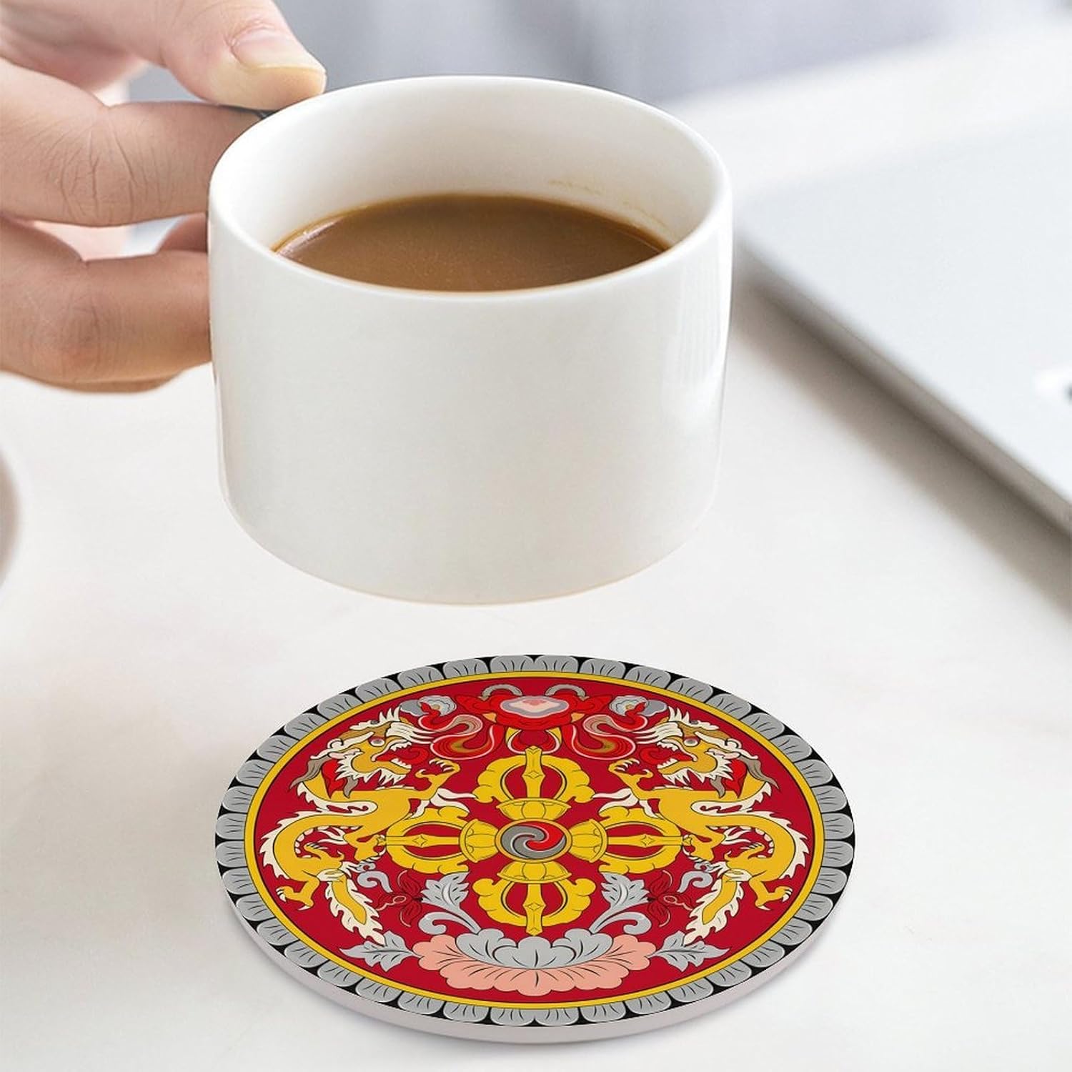Emblem of Bhutans Round Ceramic Coasters for Drinks Absorbent Cup Holder Tabletop Protector with Cork Base