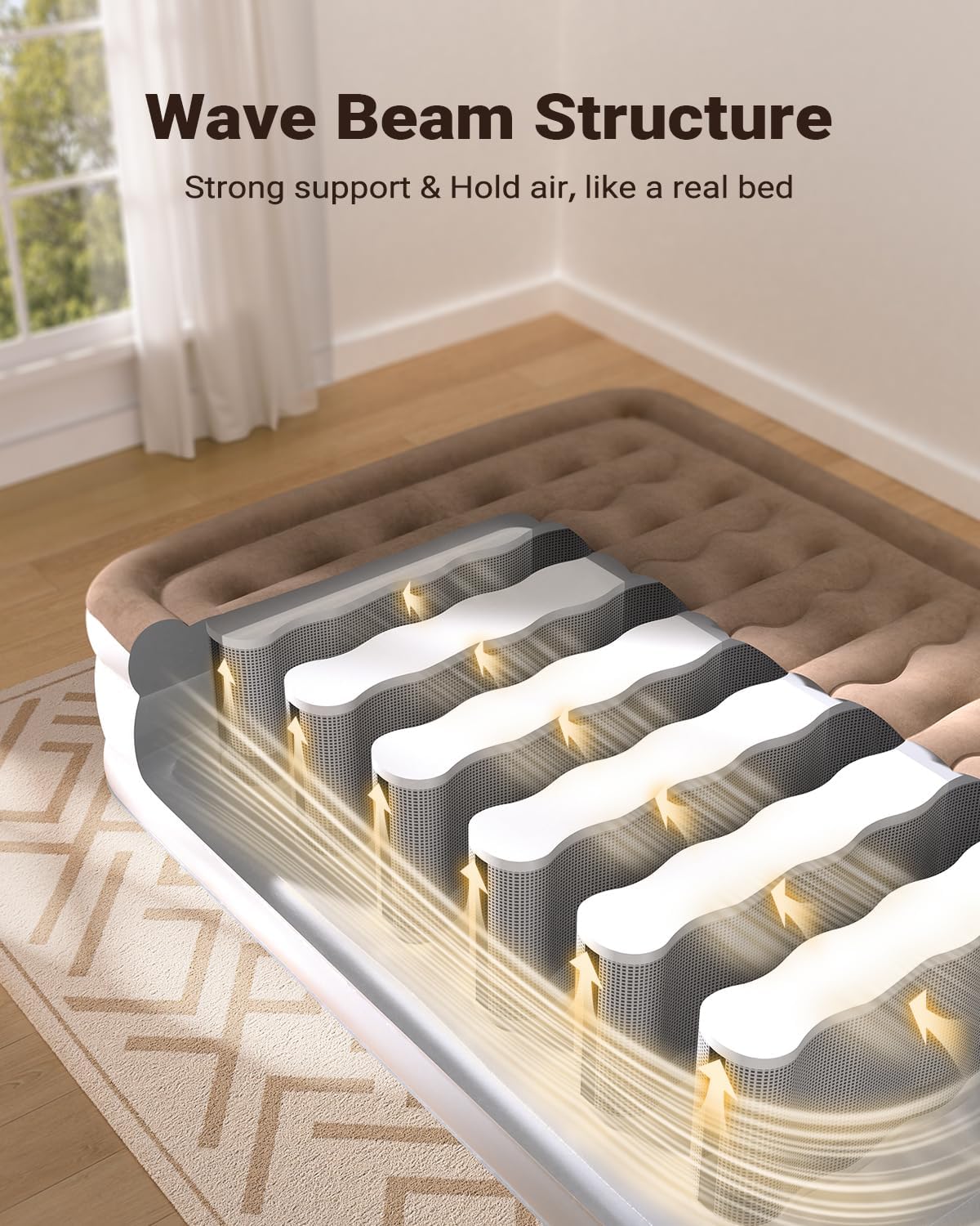 iDOO Queen Air Mattress with Built in Pump, Upgraded Inflatable Blow up Mattress for Camping, Home & Guest, Durable Comfort Wave Beam Strong Support Air Bed Queen Size, Colchones Inflables