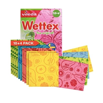 Wettex The Swedish Dishcloths Bonus Pack of 10+4 Biodegradable, Eco-Friendly, No Odor, 15x Absorbent Cellulose Sponge Cloth 10+4 pkt