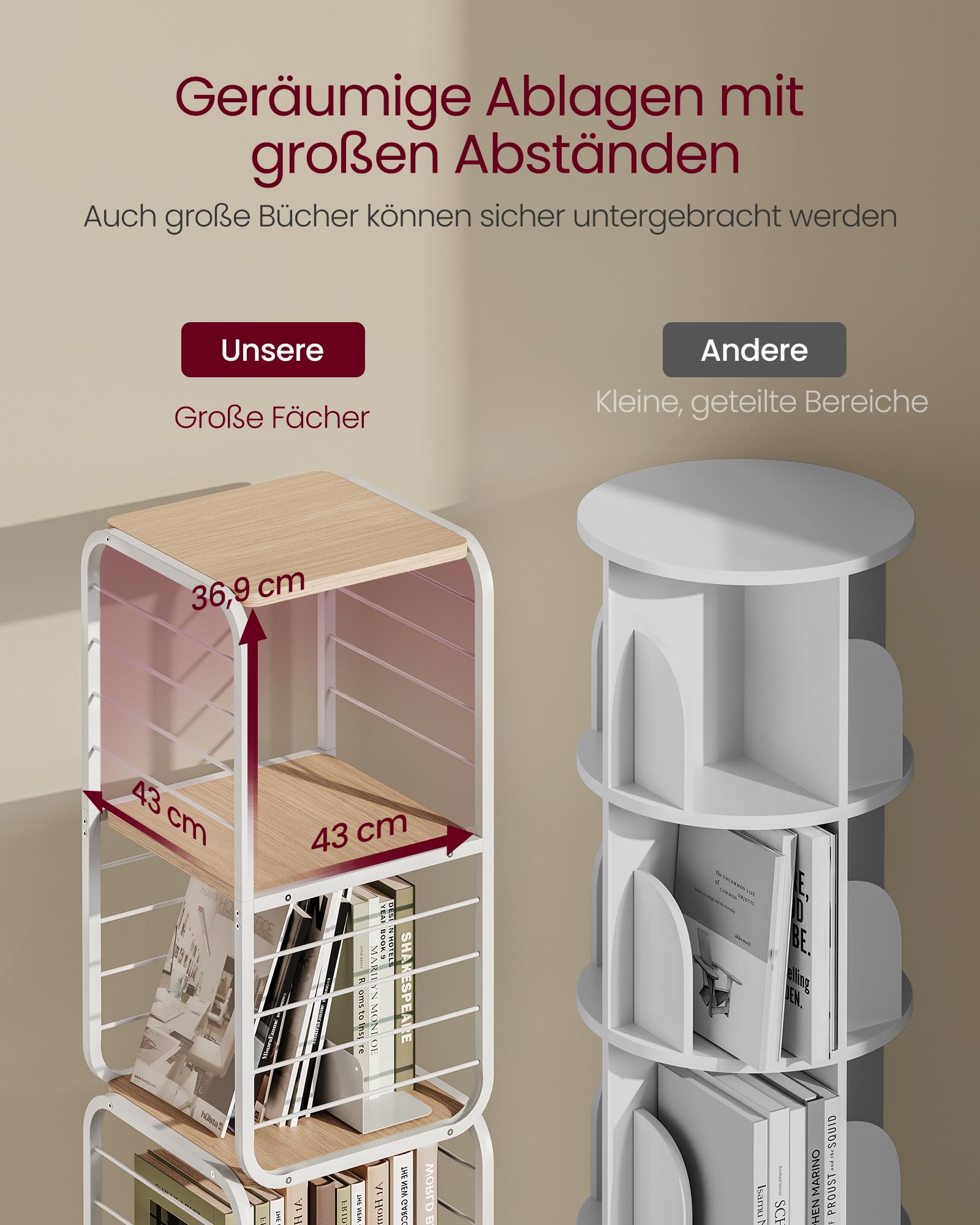 VASAGLE Bücherregal 4 Ebenen, drehbares Regal mit Buchstützen, Standregal für kleine Räume, Aufbewahrungsregal, Eckregal, Stahlrahmen, naturbeige-wolkenweiß LLS127W67