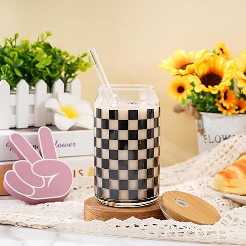 Miniatura 4 de Whaline Paquete de 2 vasos a cuadros de 16 onzas, vasos de café helado con tapa de bambú, cepillo de limpieza para pajitas de vidrio, para fiestas