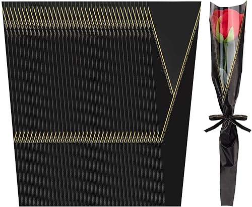 Gloreyan 100 bolsas de envoltura de flores individuales, bolsas de embalaje de ramo de flores de rosas individuales, color negro, borde dorado,