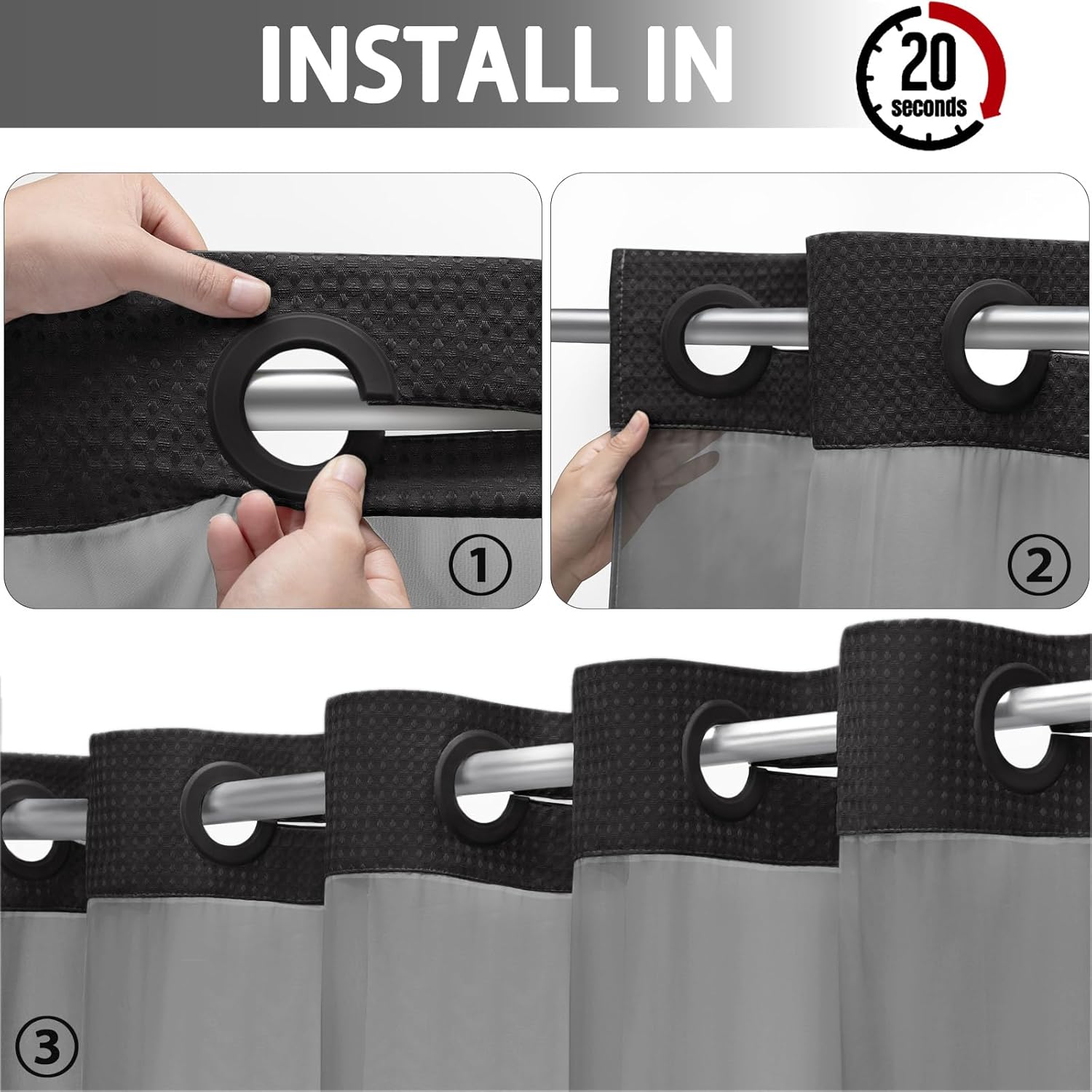 yellyhommy stall no hook shower curtain with snap in liner set less time black waffle shower curtain for bathroom 75" l x 60" w