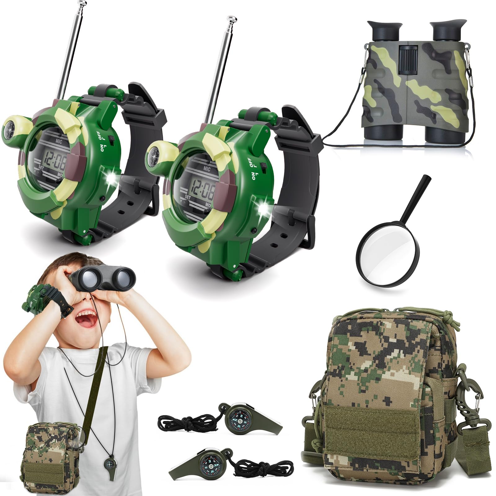 Walkie Talkies Watch Set for Kids Outdoor Explorer Binoculars Camping Gear Kit Adventure Game, Cool Spy Gadgets for Boy Girls