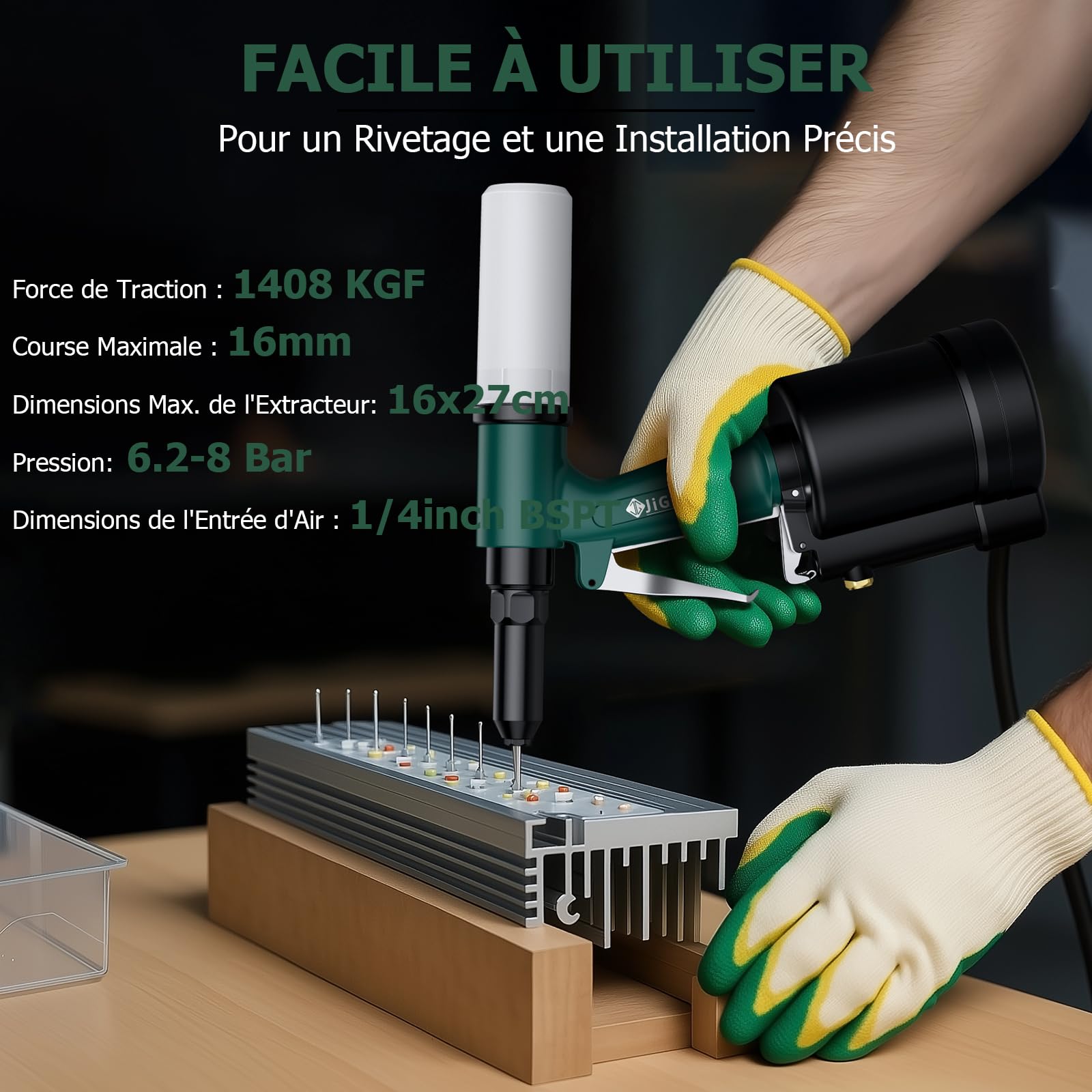 JiGiU Riveteuse Pneumatique 1408KGF avec 4 Buses 2,4 à 4,8mm | Pistolet à Rivets Pneumatique Robuste et Professionnelle, pour Atelier, Voiture, Réparation, Construction, Industrie