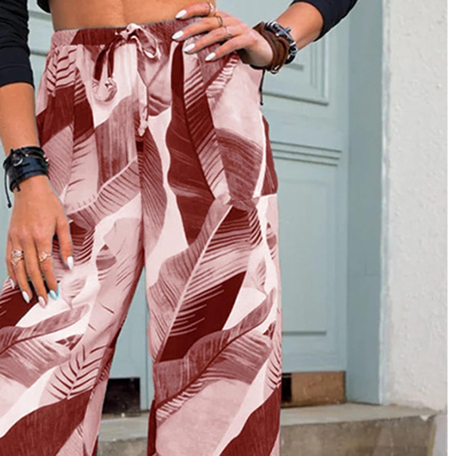 DGHM-JLMY Women's Casual Pants Wide Leg Straight Floral Print Belted Lounge Pants Beach High Waisted Ruffle with Pockets