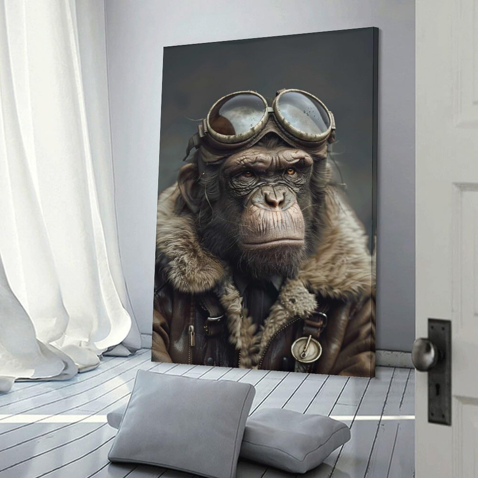 Junmoney Room Decor Wall Art Chimpanzee Pilot in Vintage Aviator Gear, 12x18inch(30x45cm), for Workspace Walls, Study Corners Or Bedrooms, A Smart Decor Choice for Study Walls