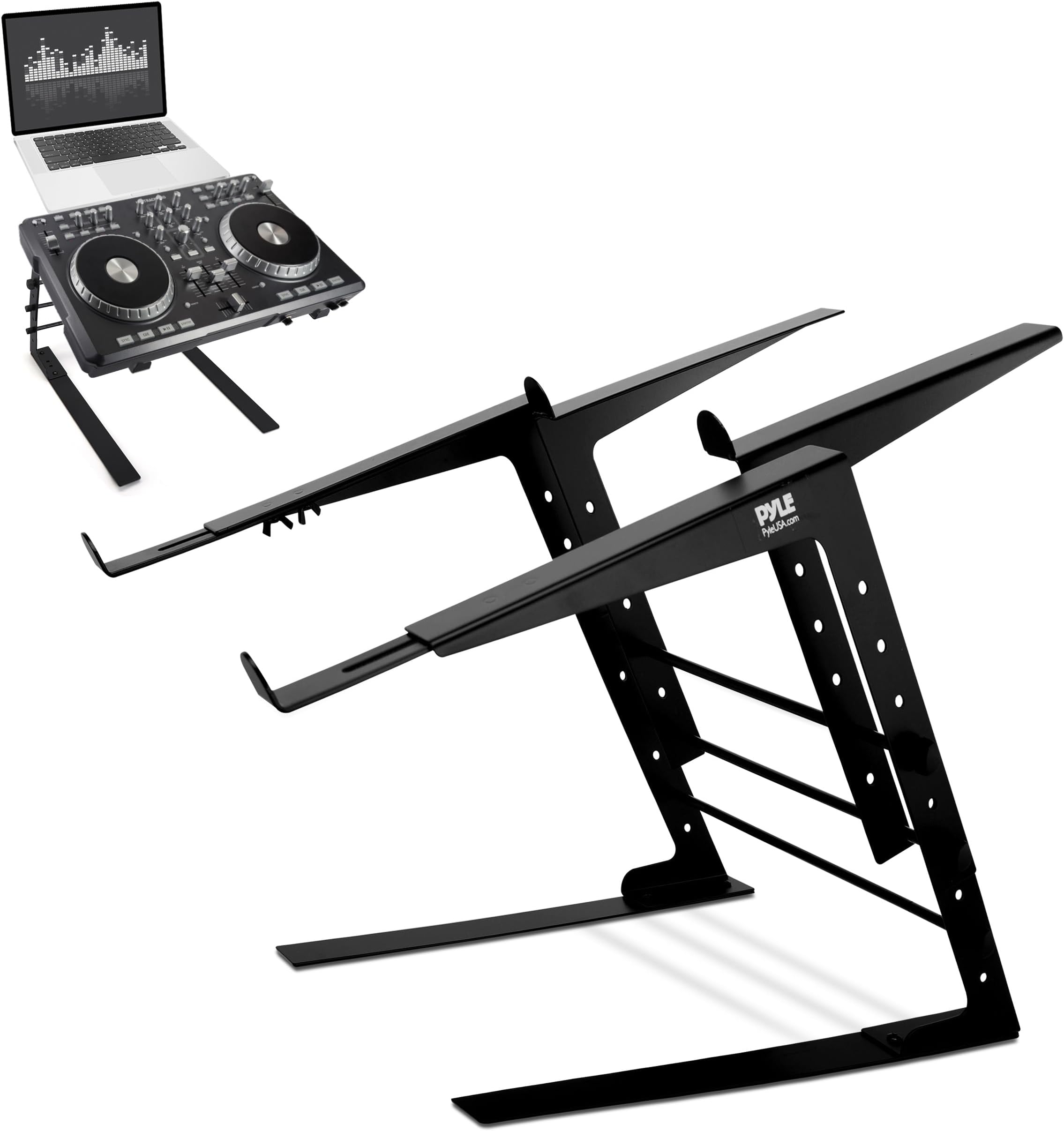 Pyle Portable Dual Laptop Stand - Standing Table with Adjustable Height, Ergonomic Design & Anti-Slip Prongs for DJ Mixer, Sound Equipment, Workstation, Gaming & Home Use - PLPTS38, Black