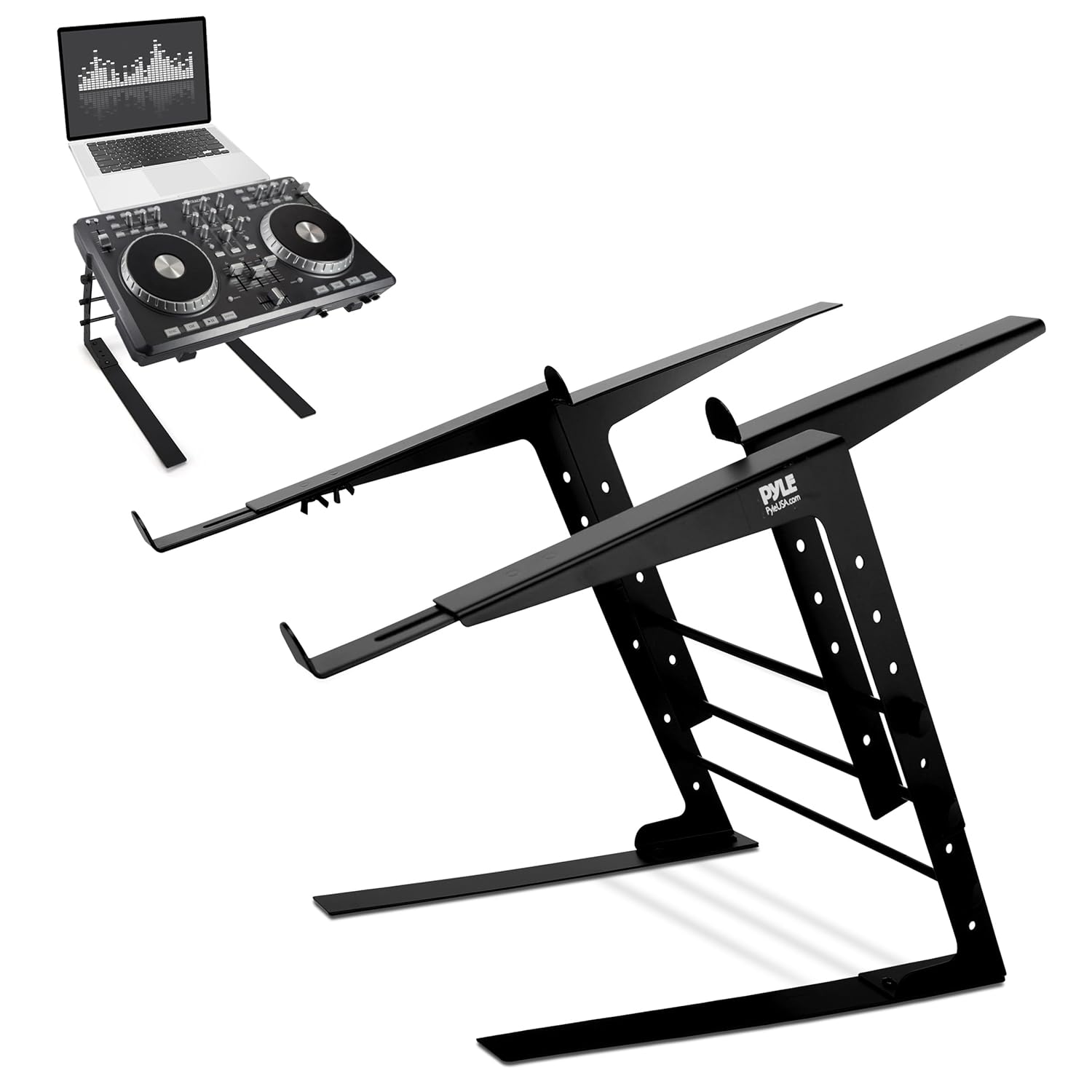 Pyle Portable Dual Laptop Stand - Standing Table with Adjustable Height Ergonomic Design Anti-Slip Prongs for DJ Mixer