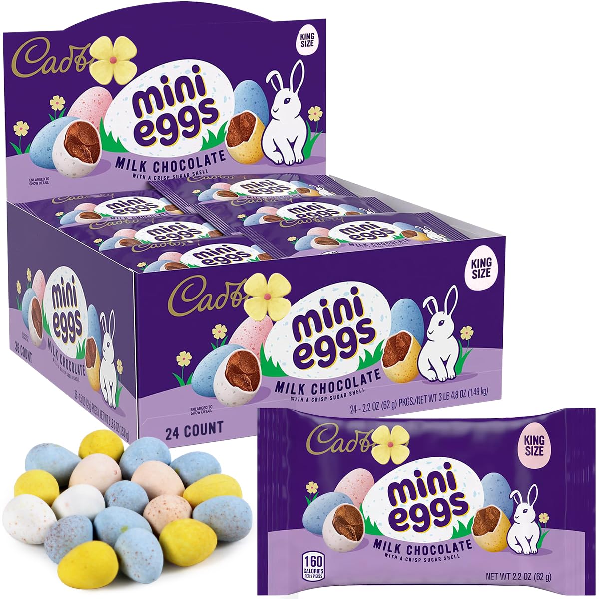 Mini Eggs Milk Chocolate Easter Candy with a Crisp Sugar Shell for Easter Celebrations - Delicious Easter Candy Eggs for Egg Hunts, Basket Stuffers, Party Favors, 2.2 Oz King Size Bags, 24 Count
