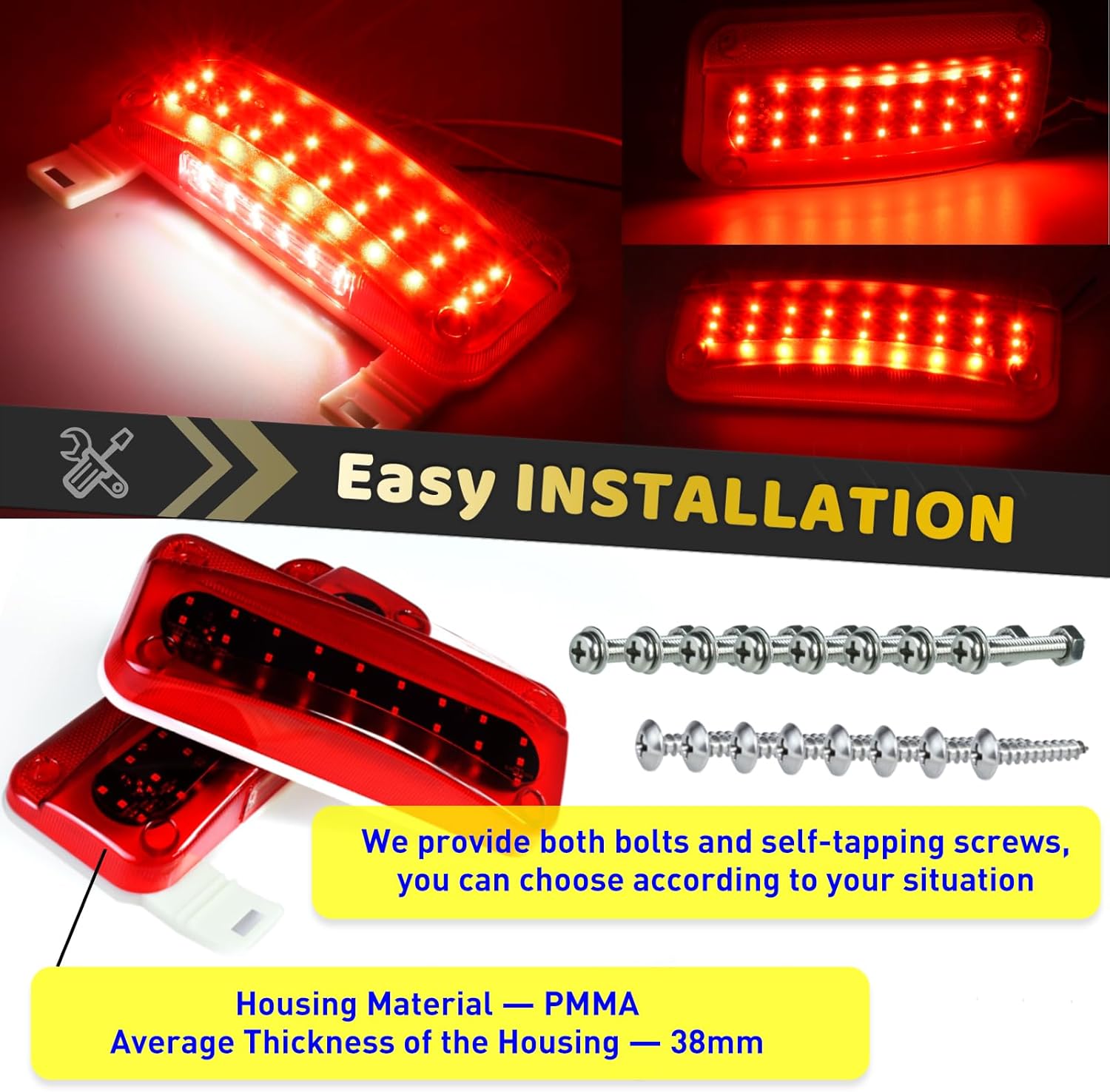 1 Set Rectangular RV Camper Trailer 49 LED s Red Stop Turn White License Plate Light Combination Tail Lights w/Reflector Surface Mount, License Bracket Holder, Waterproof IP67, DC 12V