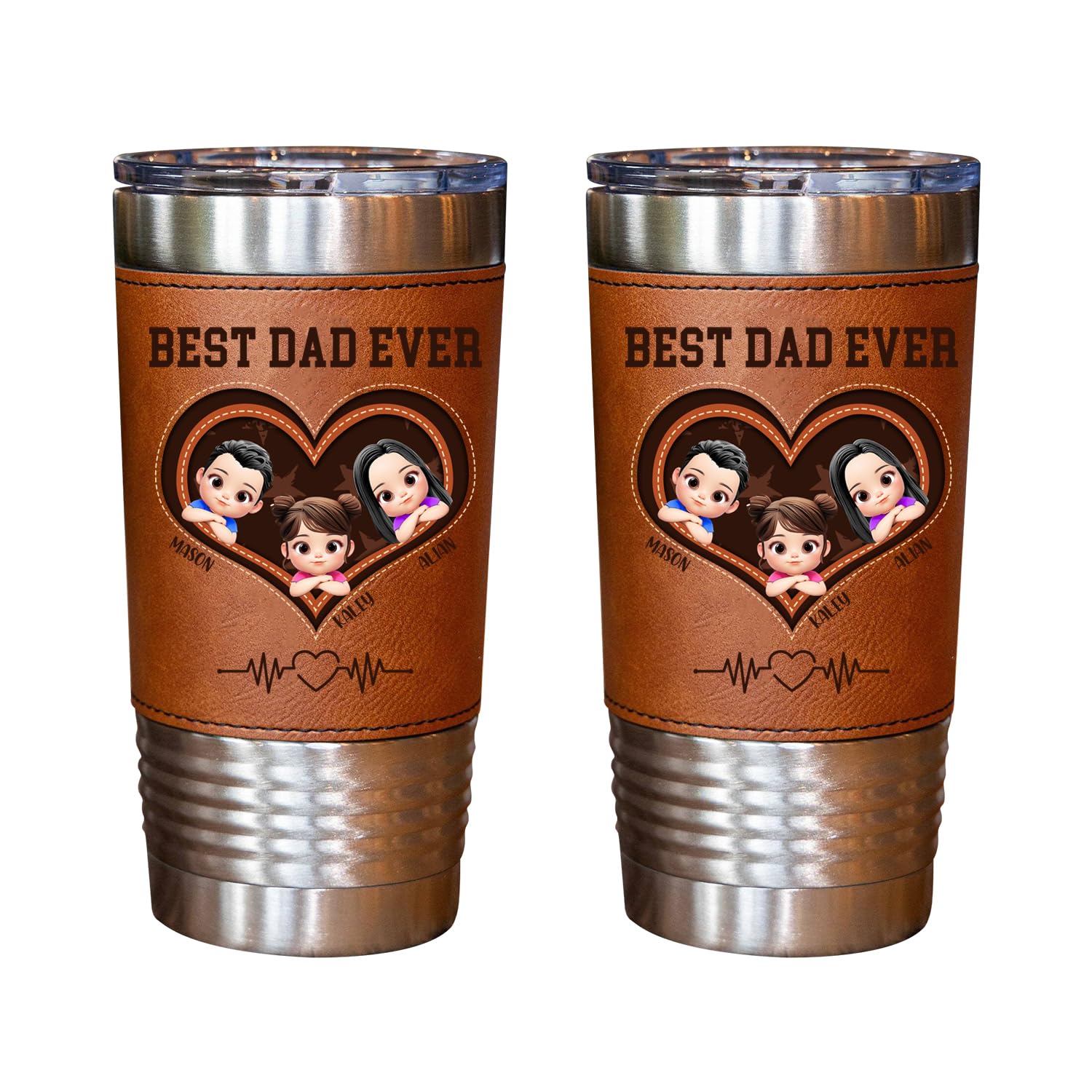 NOONATIVE Best Dad Ever Tumbler Cup,Personalized Leather Insulated Tumbler with Kid Portraits Names,Birthday Fathers Day Gift for Dad