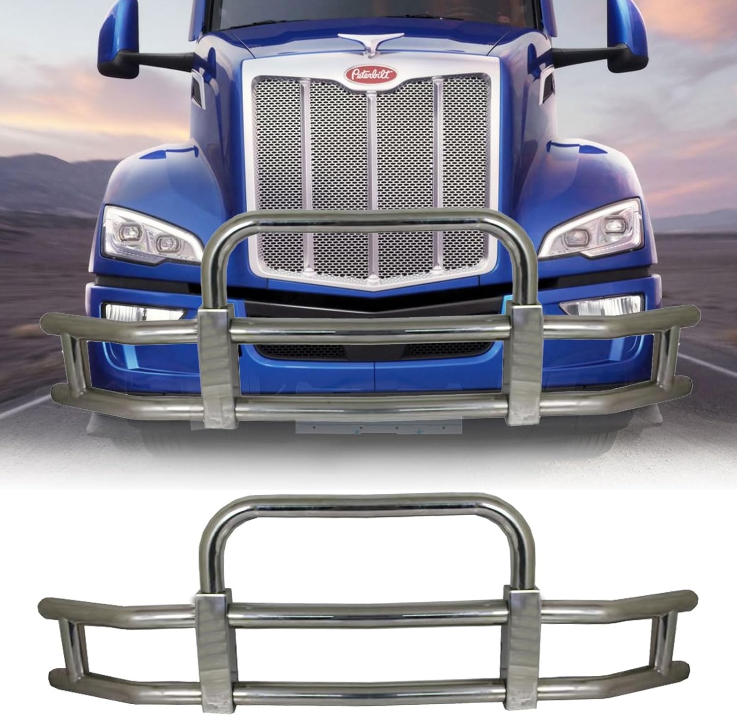 Deer Guard Compatible with 2013-2021 Peterbilt 579 587(Not for Sensor Installed on the Side of Truck), Deer Guard Bumper Polished Stainless Steel Deer Moose Guard with Brackets Hardware, Style C