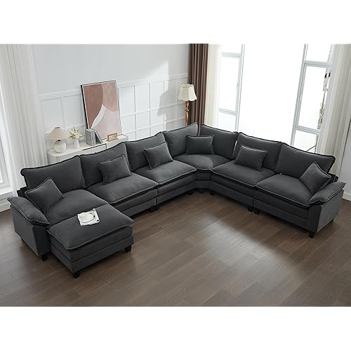 IPKIG 152" Sectional Sofa Cloud Couch, Modern Velvet Comfy Upholstered 6-Seat Sofa with 6 Lumbar Pillow, Deep Seat Modular Couch for Living Room, Apartment, Office, Studio (Grey, 6-Seat)