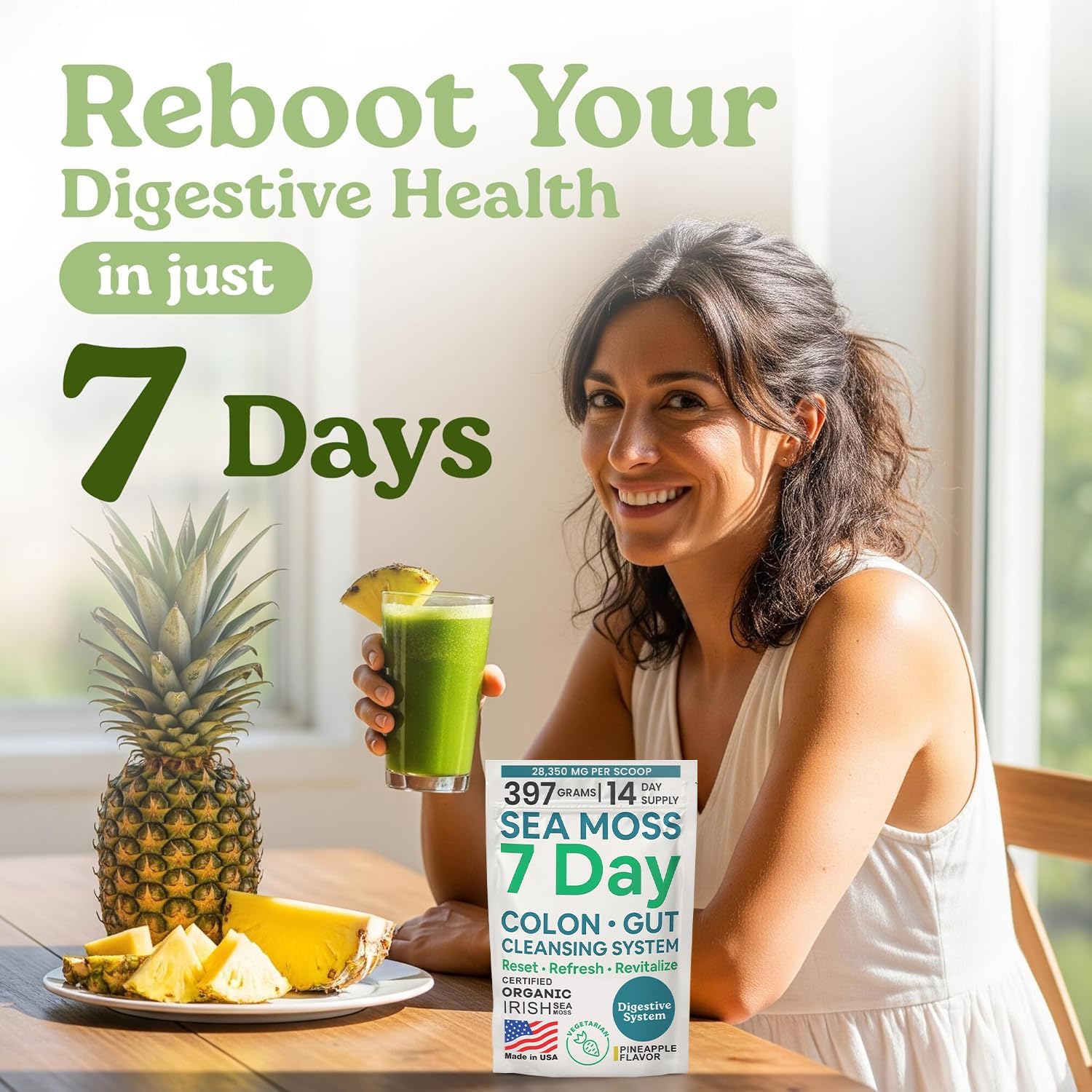 Atlantic Naturals Sea Moss 7-Colon Cleanse Powder | Formulated with Psyllium Husk, Fiber, & Senna Powder | Supports Immune & Gut Health for Women & Men, Pineapple Flavor Drink Mix, 14 oz