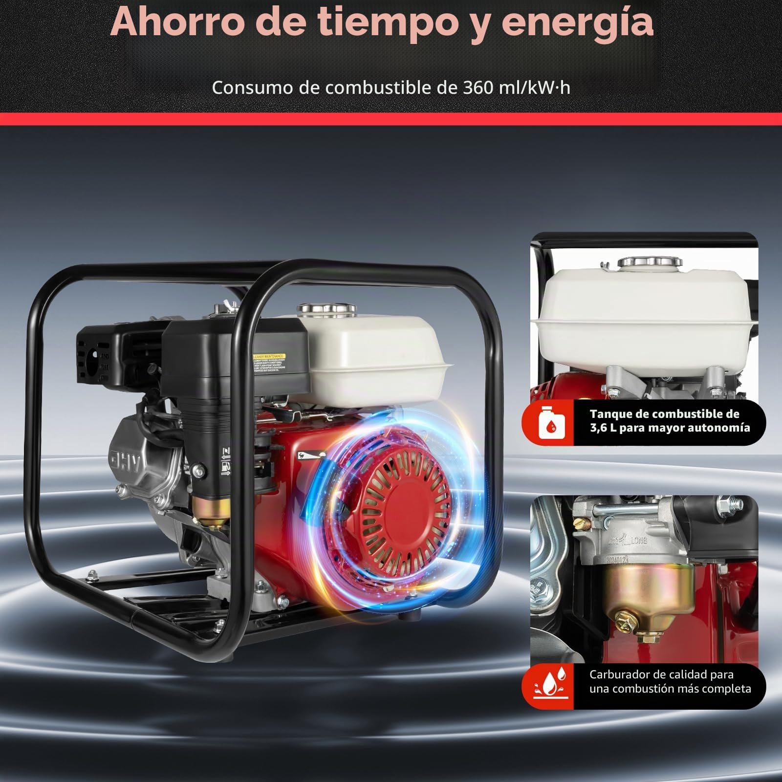 Bomba de agua de gasolina de 4 tiempos, 6,5 CV, 210 cc, bomba de agua sucia con 36 m³/h (60.000 l/h) y altura de extracción de 28 m, conexión de 2 pulgadas, profundidad de aspiración de 7 m para