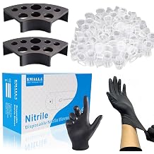 300pcs Disposable Tattoo Ink Cups 8mm/11mm/15mm + 2 Black Ink Caps Holders + 100 Black Nitrile Gloves, Complete Tattoo Supplies Kit for Artists & Studio