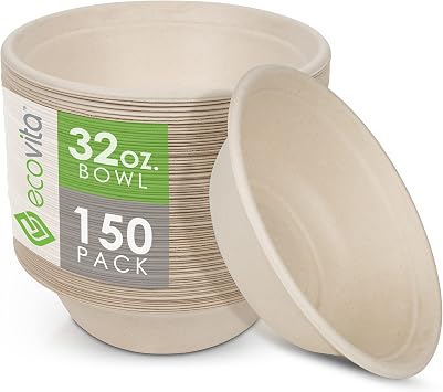 Ecovita 100% Compostable Paper Bowls [32 oz.] 150 Disposable Bowls Eco Friendly Sturdy Tree Free Liquid and Heat Resistant Alternative to Plastic or Paper Bowls