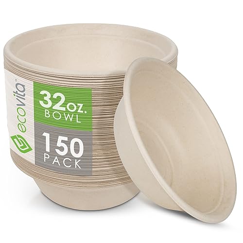 Ecovita 100% Compostable Paper Bowls [32 oz.] – 150 Disposable