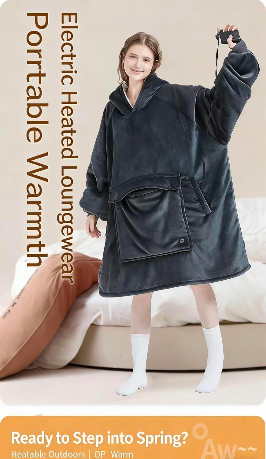 USB Three-Zone Heated Wearable Hooded Blanket Extra-Large Wearable Electric Blanket 3-Level Temperature Adjustment (Blue-BottomSushi)
