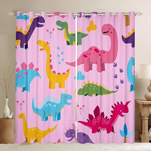 Feelyou Girls Dinosaur Curtains Green Pink Dinosaur Window