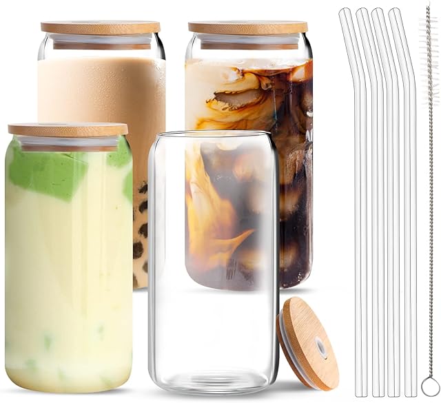 Aikio Drinking Glasses with Bamboo Lids and Glass Straws, 4 Set 16oz Iced Coffee Cup, Can Shaped Glass Cups, Beer Glasses, Pint Glasses, Ideal for Water, Cocktail, Whiskey, Soda, Gift