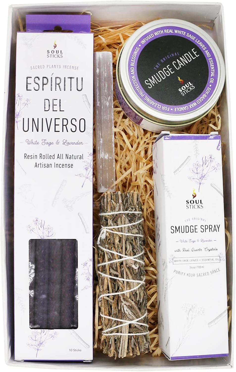 SOUL STICKS Shaman's Kit | Gift Set with Espiritu Incense Sticks, Sage Smudge Stick, Smudge Candle, Smudge Spray, 4 Selenite Wand in White Gift Box (Lavender)
