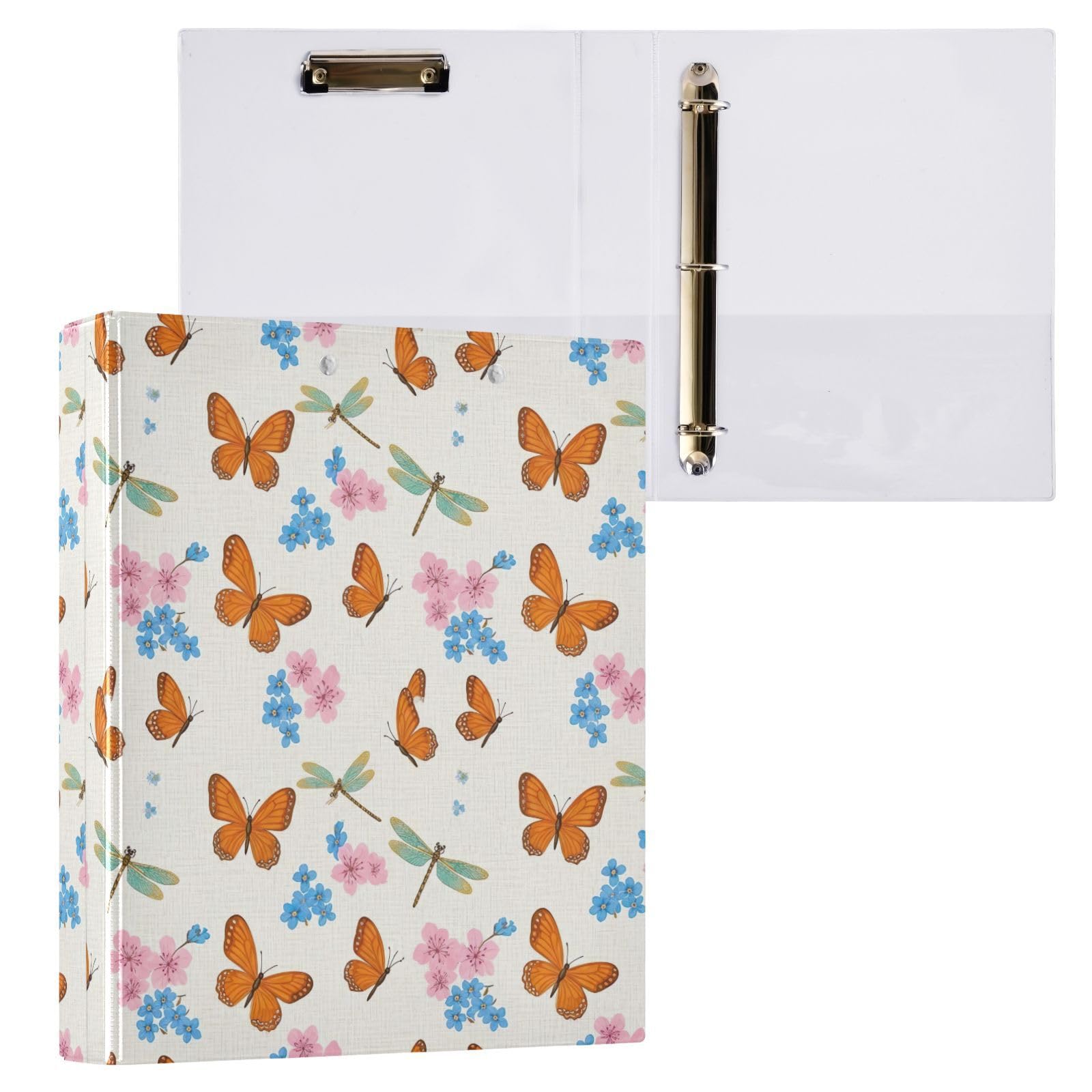 Carpeta de 3 anillas, mariposas naranjas, flores silvestres, carpeta de anillos en D, paquete de 2 | Con portapapeles y bolsillos, para escuela, universidad, oficina