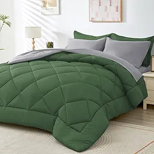 HEVUMYI Cali-King Comforter Set - 7-Piece All Season Bed in a Bag Cali-King, Ultra Soft Bedding Set with Comforter, Flat Sheet, Fitted Sheet, Pillowcases, Pillow Shams, Green & Light Grey