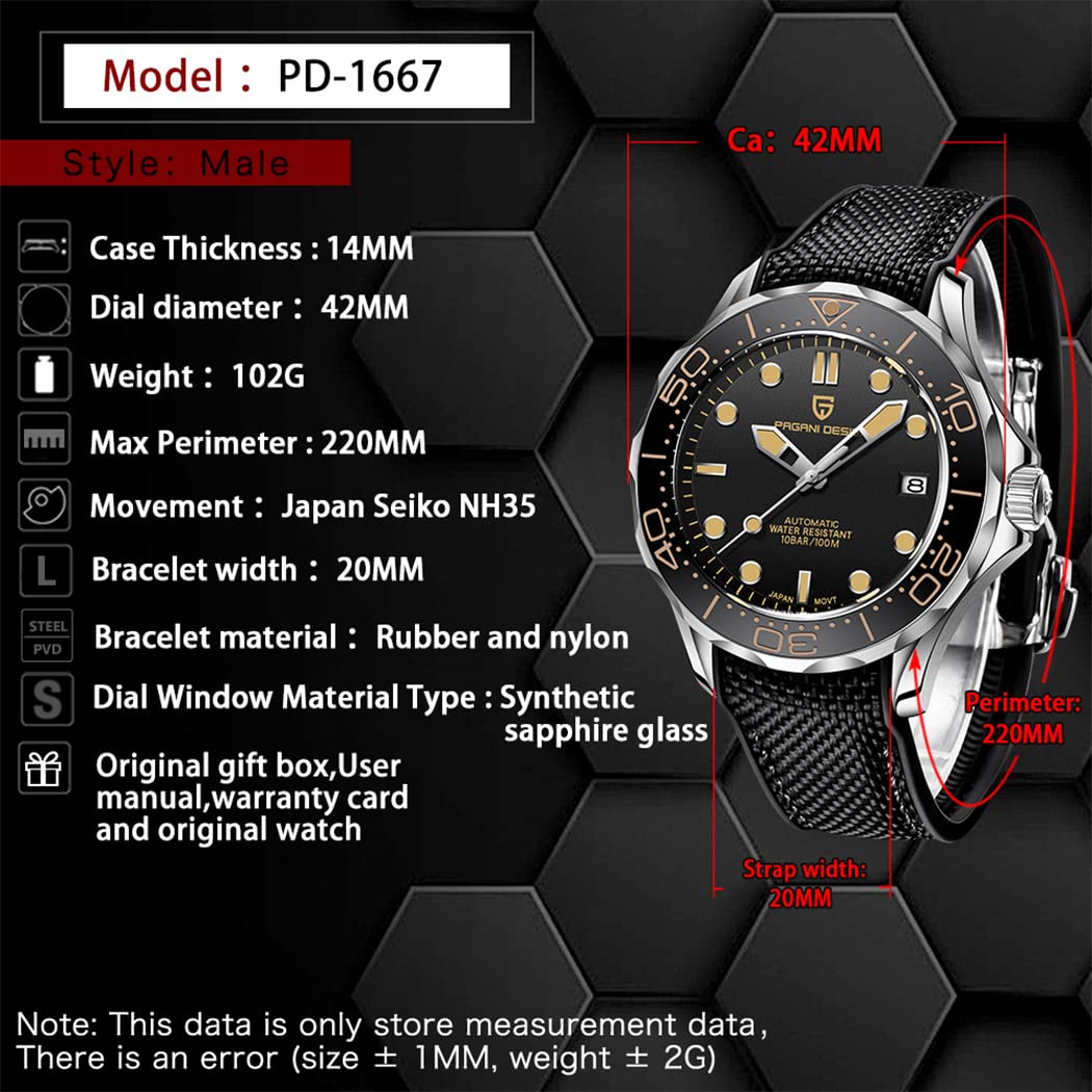 Pagani Design Mechanische Herrenuhr Stundenzeiger Leuchtende Stahl Taucheruhr Japanisches Uhrwerk Saphirglas Kalenderanzeige Fashion Business NH35 Watch 1667