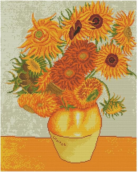 Meecaa Cross Stitch Kits 11 Count Stamped, Sunflower Vase Van Gogh Embroidery Kit with Accessories Pre Printed (48CMx58CM (Sunflower)