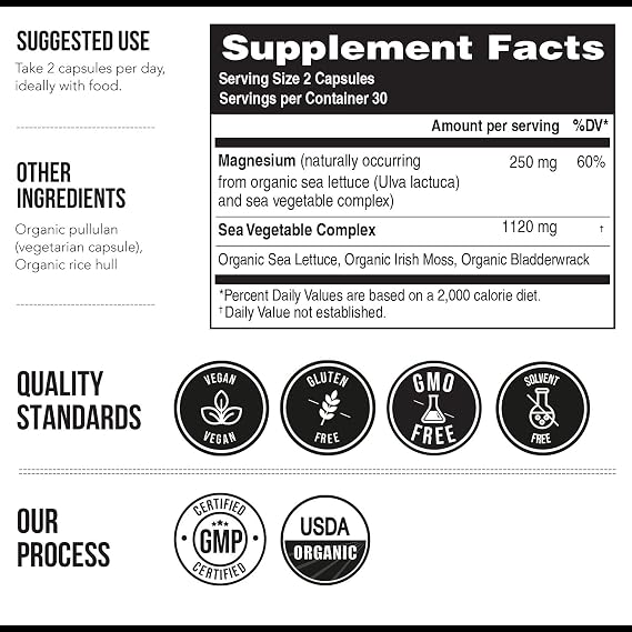 Organic Whole Food Magnesium Supplement - Plant-Based, Organic Sea Vegetable Complex - 250 mg Per Serving | Water Extracted | Gentle on Stomach | Supports Energy, Sleep, Muscle, Heart - 60 Capsules