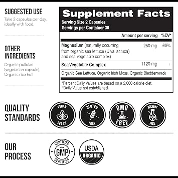 Organic Whole Food Magnesium Supplement - Plant-Based, Organic Sea Vegetable Complex - 250 mg Per Serving | Water Extracted | Gentle on Stomach | Supports Energy, Sleep, Muscle, Heart - 60 Capsules
