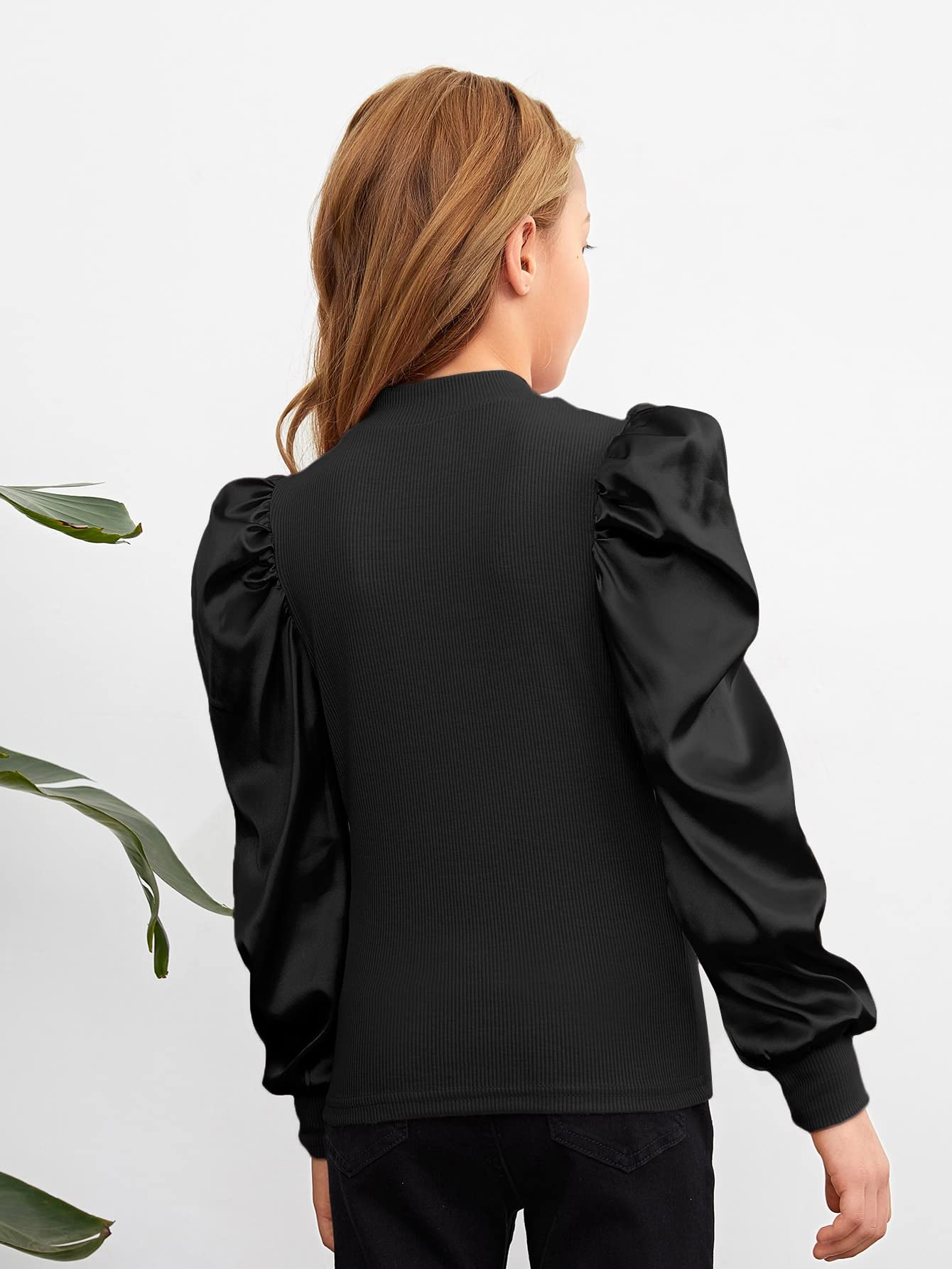 Floerns Blusa casual de punto acanalado de manga larga abombada con cuello redondo para niñas