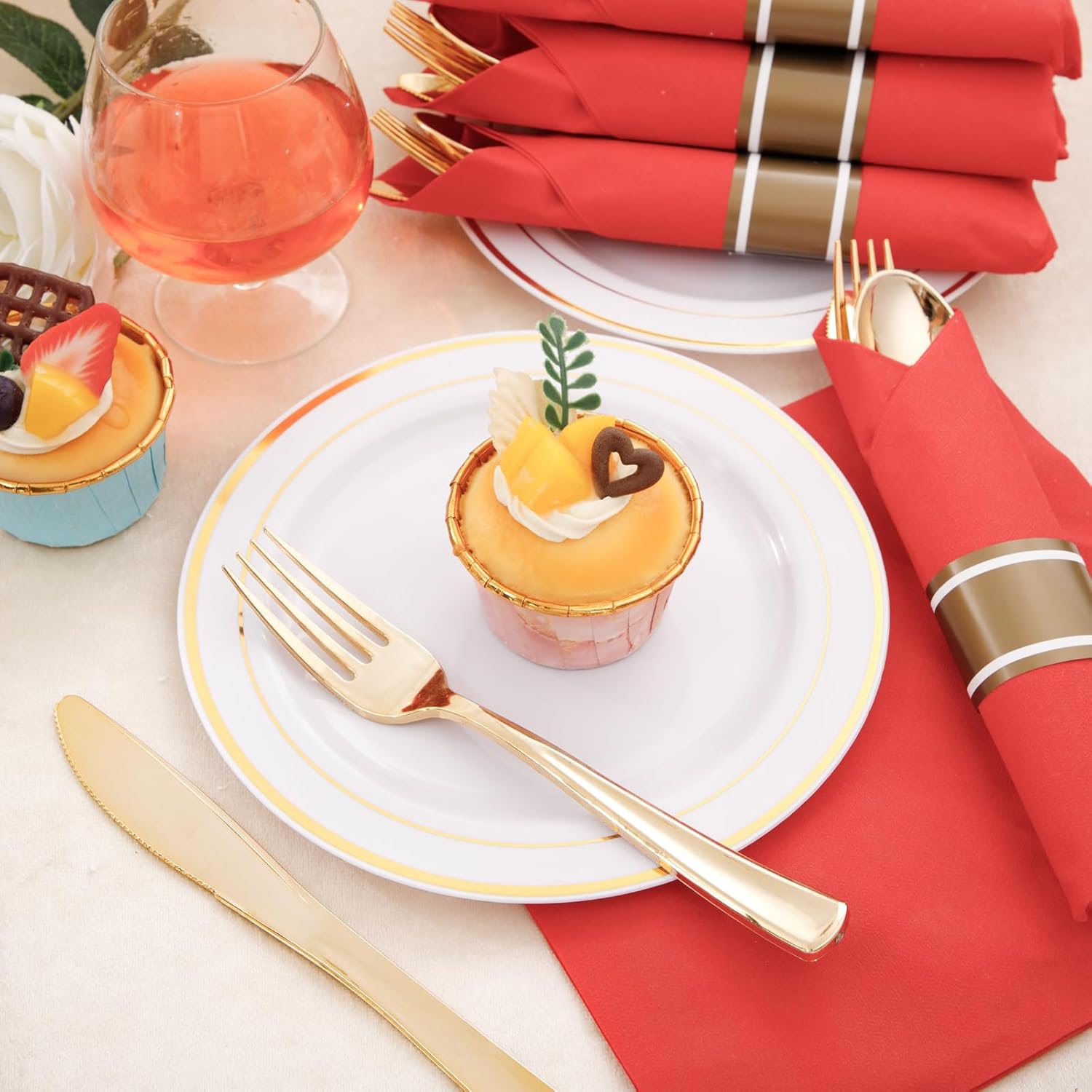 Nervure 400PCS Pre Rolled Gold Plastic Silverware Sets - Heavy Duty Gold Cutlery - Include 100 Pack Wrapped Disposable Utensils with Red Napkins for Christmas & Party & Wedding