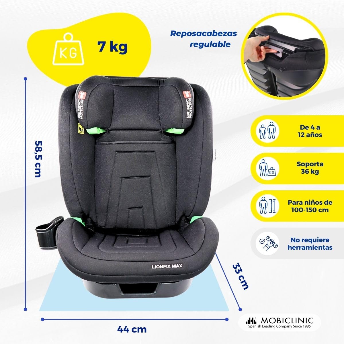 Mobiclinic® kids, Silla de coche, I-size, Isofix, Grupo 2/3, 36kg, 4-12 años, Evolutiva, 100-150cm, Protección lateral, Reposacabezas regulable, Reclinable 3 posiciones, Portabotellas