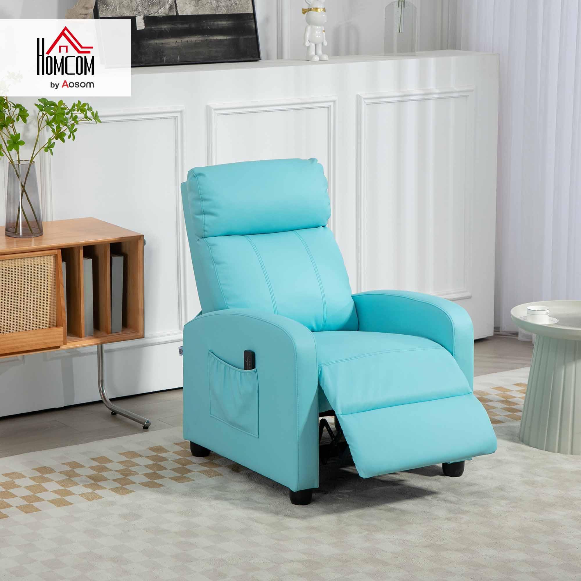 HOMCOM Poltrona Relax Massaggiante con 8 Modalità e 5 Intensità, Poltrona Reclinabile con Poggiapiedi e Telecomando, Pelle PU - 68x88x98 cm, Azzurro