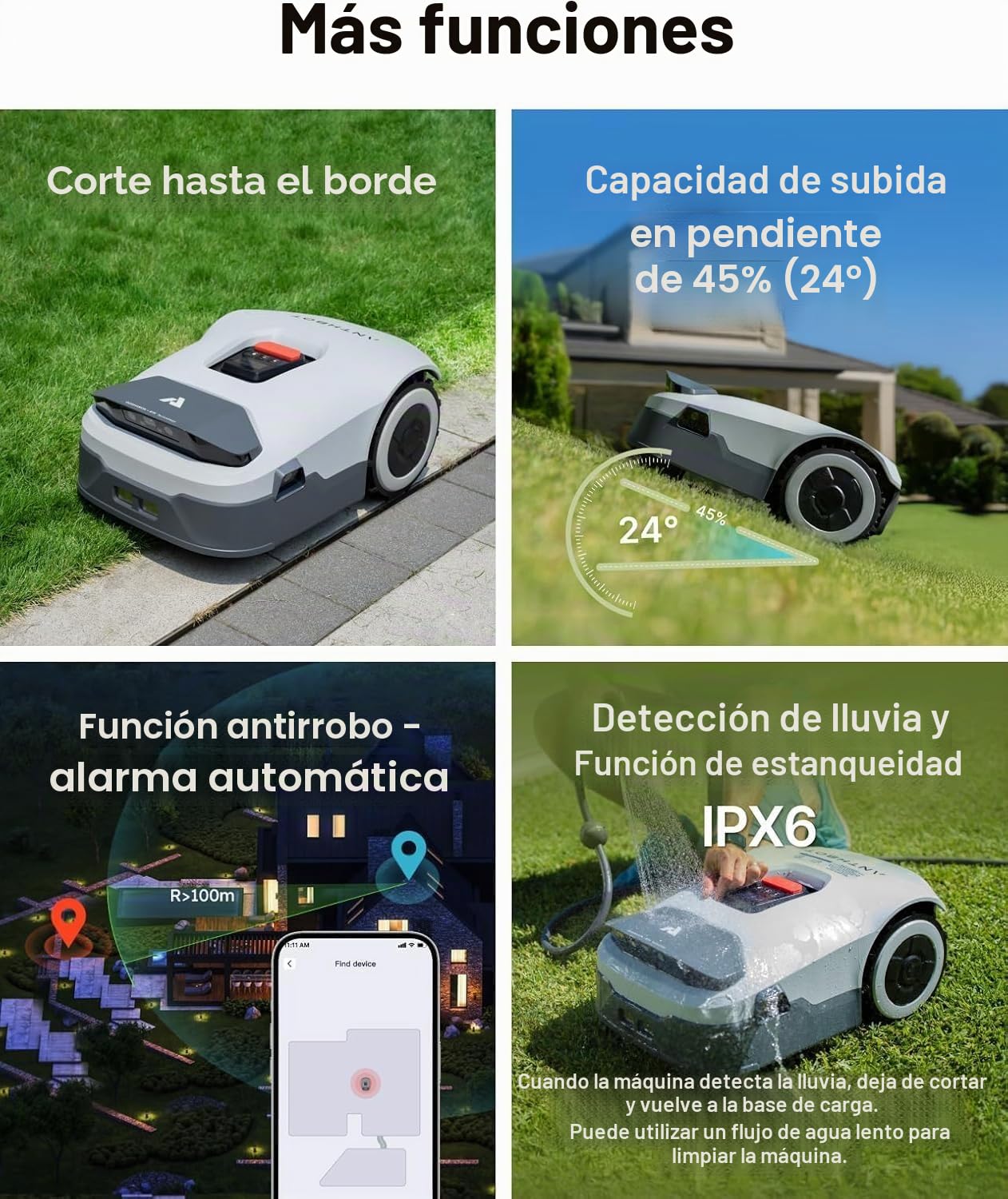 ANTHBOT Genie600 Robot cortacésped inalámbrico periférico - 900 m² Full Band RTK+4 Ojos IA Vision Cortacésped Robot Césped, Auto Cartografía, 20 Multi-Zona, Evasión de Obstáculos, Carga Automática