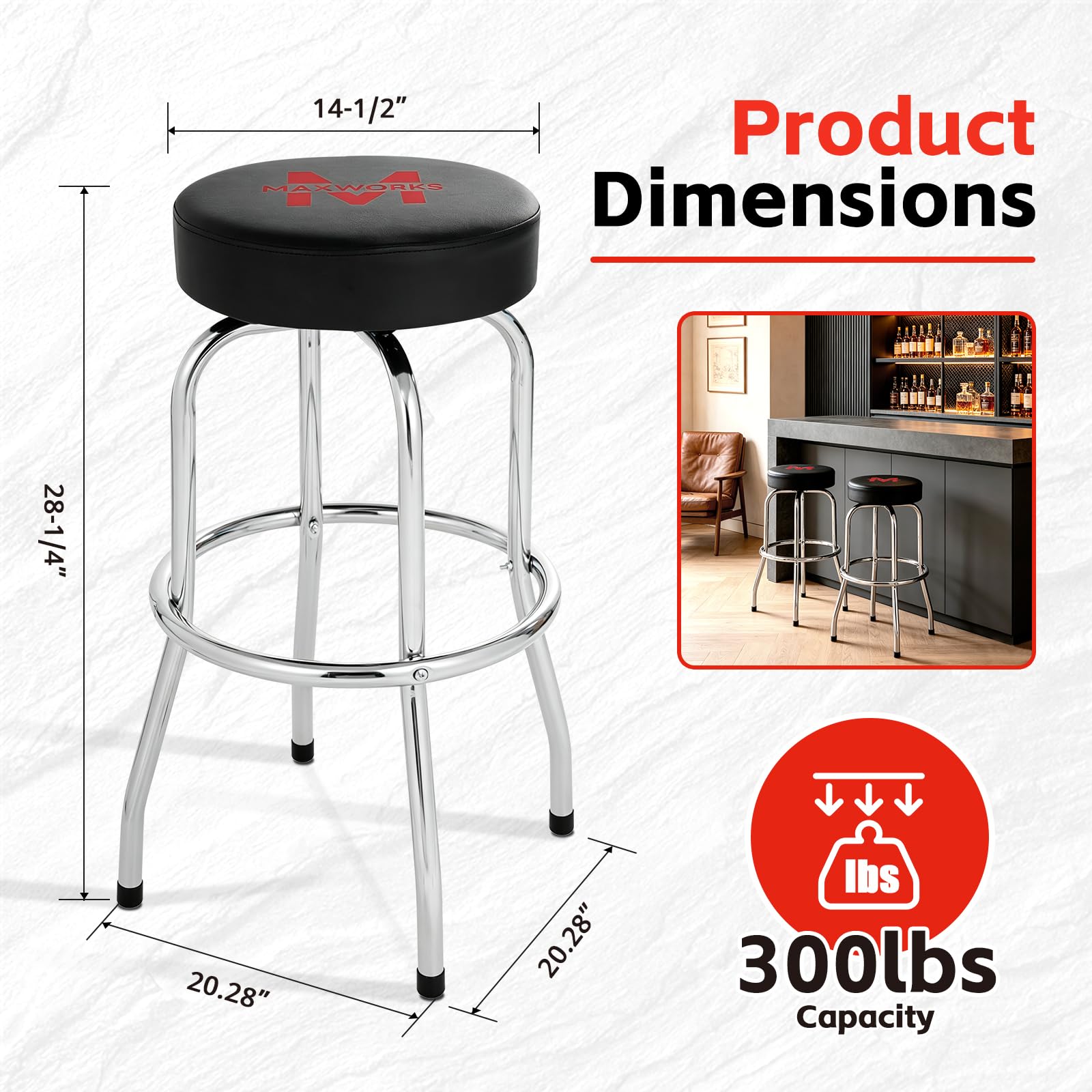 MaxWorks 51090 Taburete de Bar Giratorio, Asiento Acolchado con Patas cromadas, Negro, Capacidad de 300 Libras, 28-1/4 Pulgadas de Alto, Superficie de 14-1/2 Pulgadas de diámetro, Ideal para Garaje