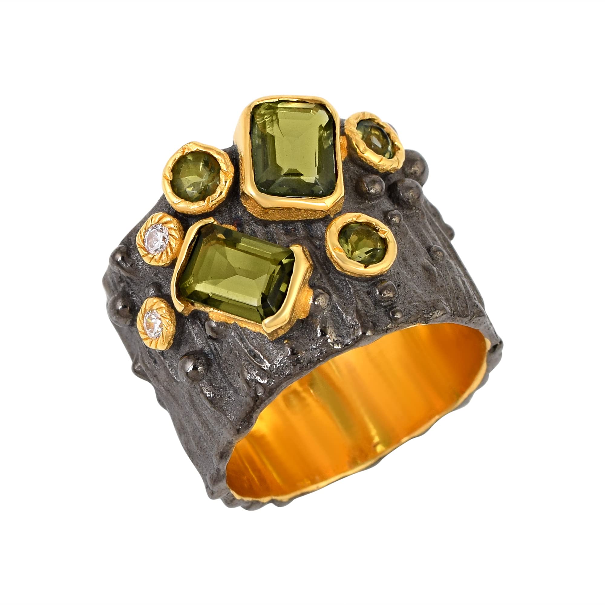 Bague en argent 925 et moldavite verte rectangulaire facettée