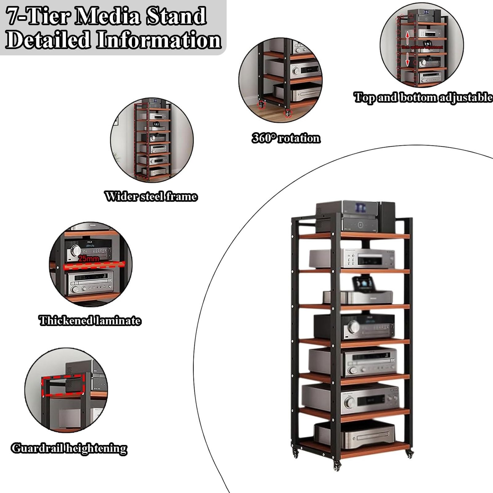Estante for componentes de Audio de Alta Resistencia, Estante móvil for Multimedia con Ruedas, Soportes y Racks for Equipos de Sonido, Ideal for Salas de Juegos, grabación(Negro)