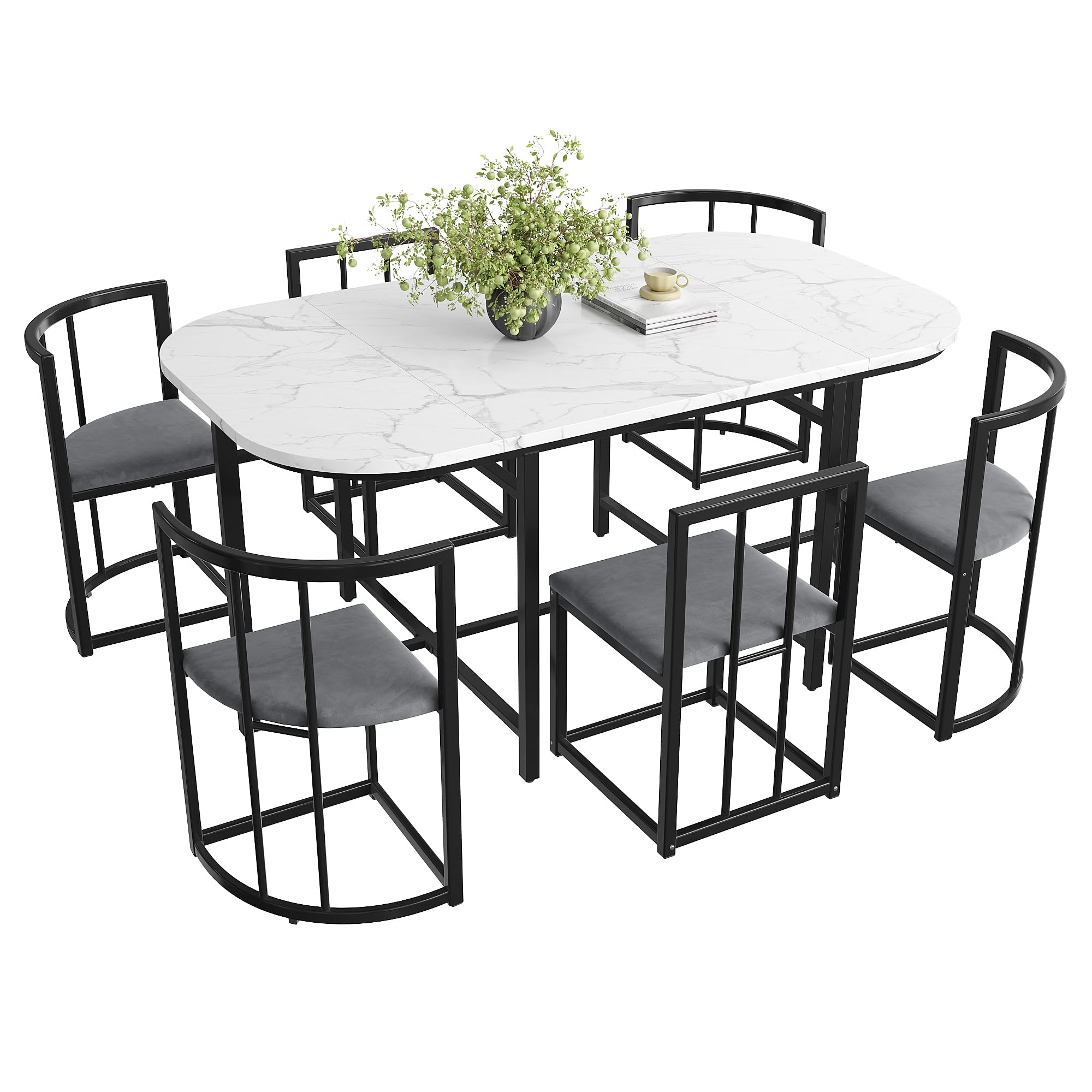 Set da pranzo, tavolo bianco, sedie con 6 schienali e imbottiture grigie, struttura in ferro, tavolo da pranzo e sedia, moderna combinazione di tavolo da pranzo (nero)