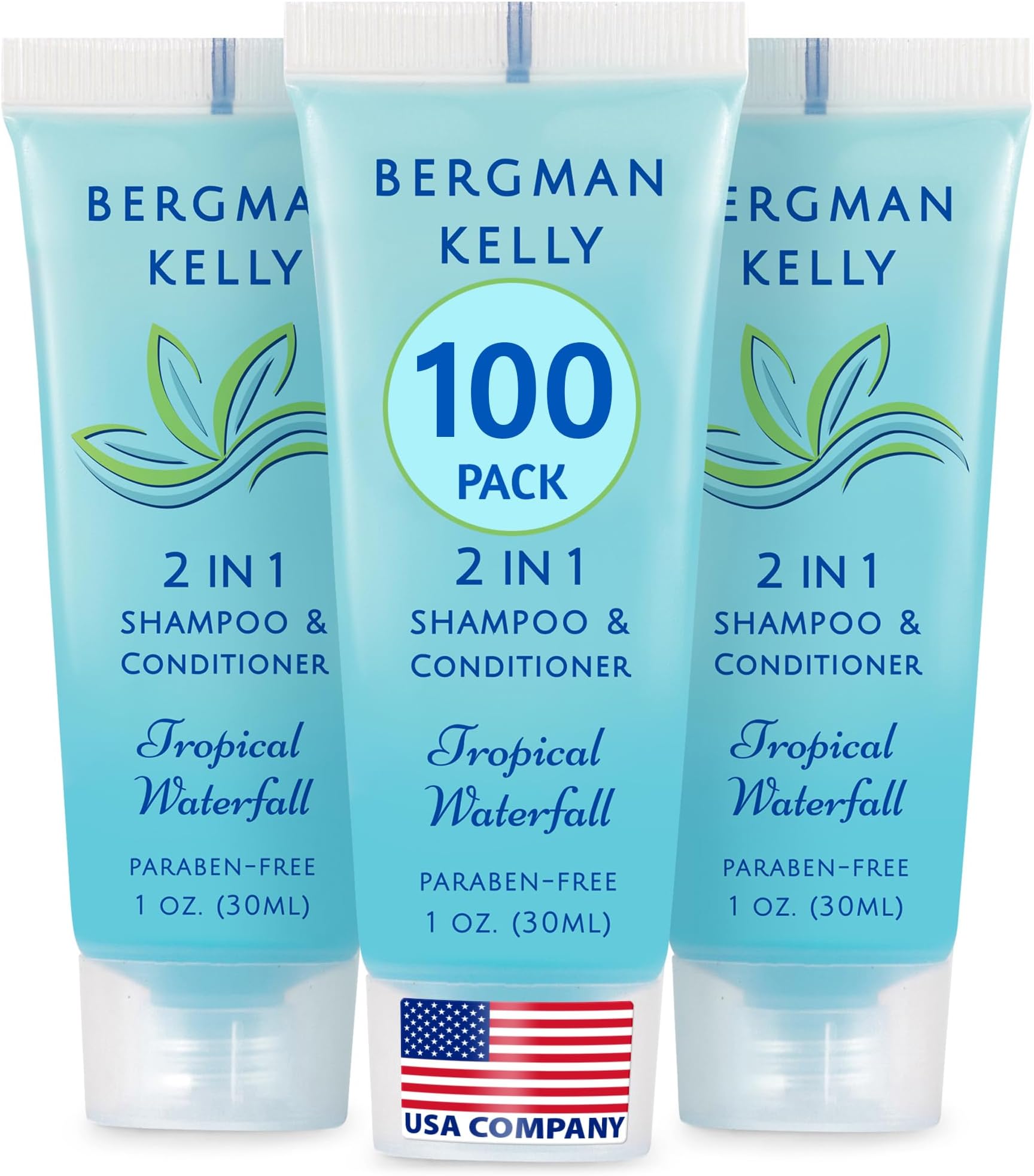 Bergman Kelly - Travel Size 2 in 1 Shampoo & Conditioner - 1 fl oz, 100 PK, Tropical Waterfall - Delight Your Guests w/Invigorating & Refreshing Shampoo Amenities - Small Hotel Toiletries in Bulk