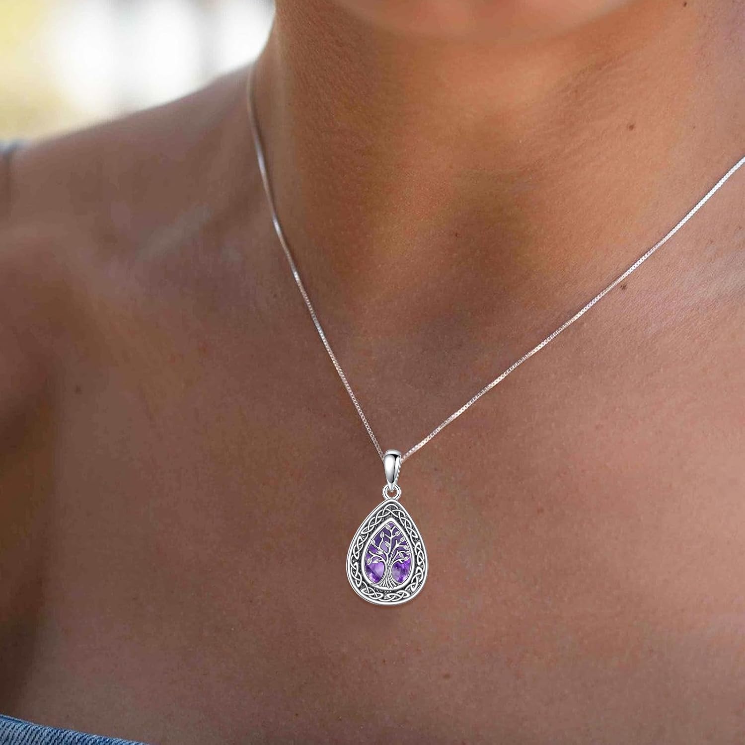 Celtic Tree of Life Necklace, Sterling Silver Pendant with Natural Turquoise/Amethyst, Boho Spiritual Jewelry Gift for Women