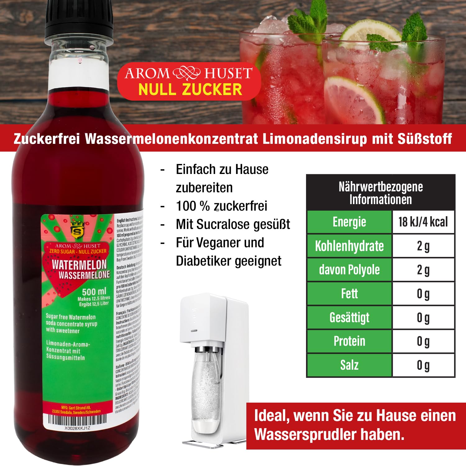 Zero - Sciroppo per bevande all'anguria | 500 ml producono 12,5 litri | limonata di anguria senza conservanti | a basso contenuto di carboidrati | senza zuccheri | bibite analcoliche | per tutti i