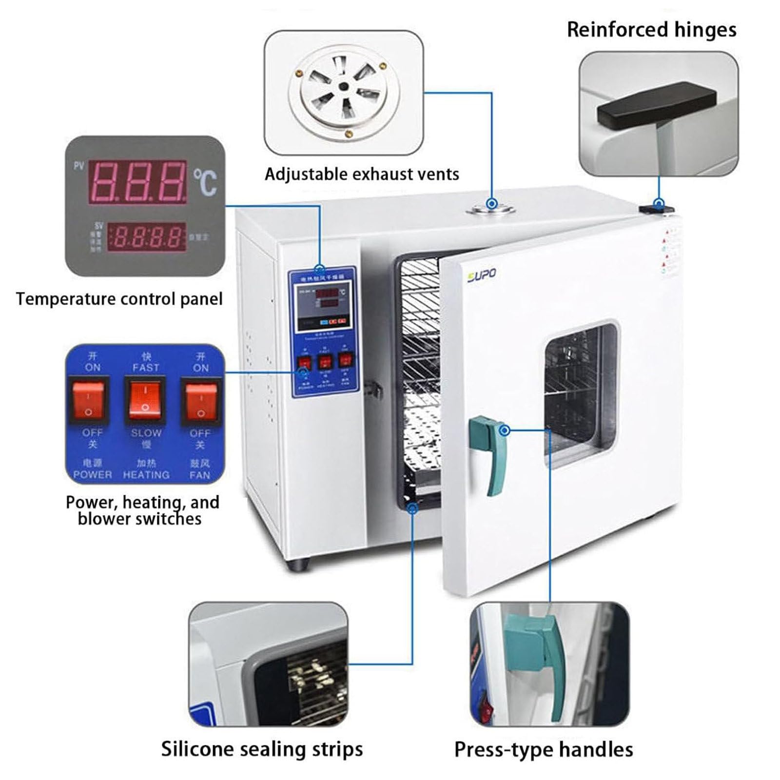 Stufa di Essiccazione Digitale del Gazebo Stufa di Essiccazione A Forno A Secchezza E Riscaldamento del Laboratorio 16 L, 43 L, 70 L,136L con Manometro E Regolatore 70L