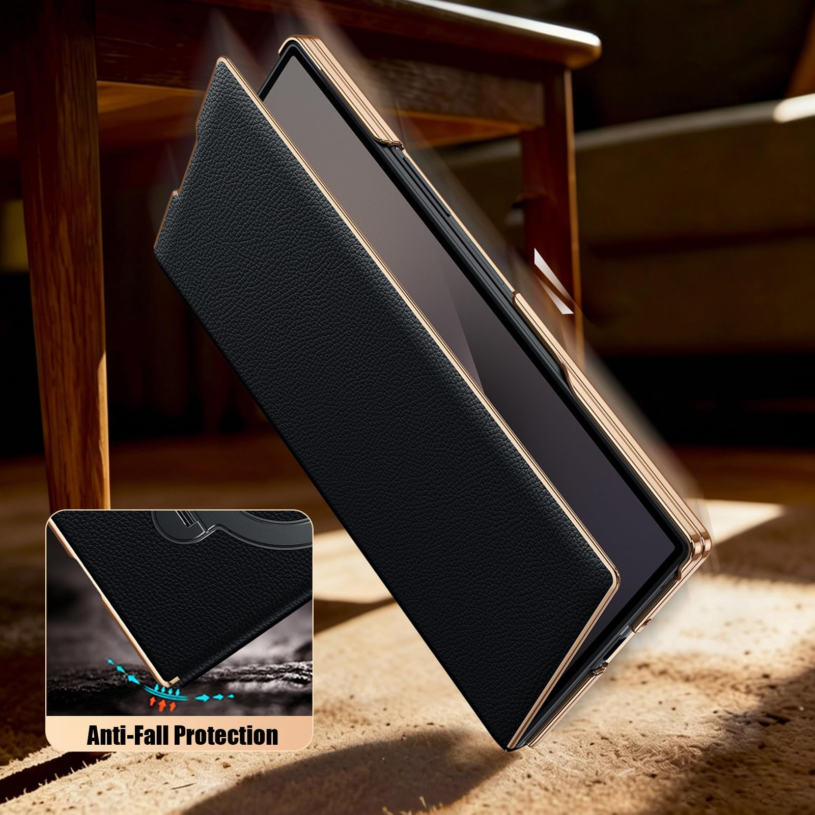 Per Samsung Galaxy Z Fold 8 Ultra Custodia Pelle, Anello, Bordo Oro | Folio a libro di lusso fatto a mano con anello. Stand regolabile, protezione lente totale, cover leggera(Brown)