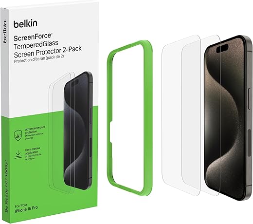 Belkin Tempered Glass Screen Protector Guard for iPhone 15 Pro with Easy Installation Frame – 2 Pack