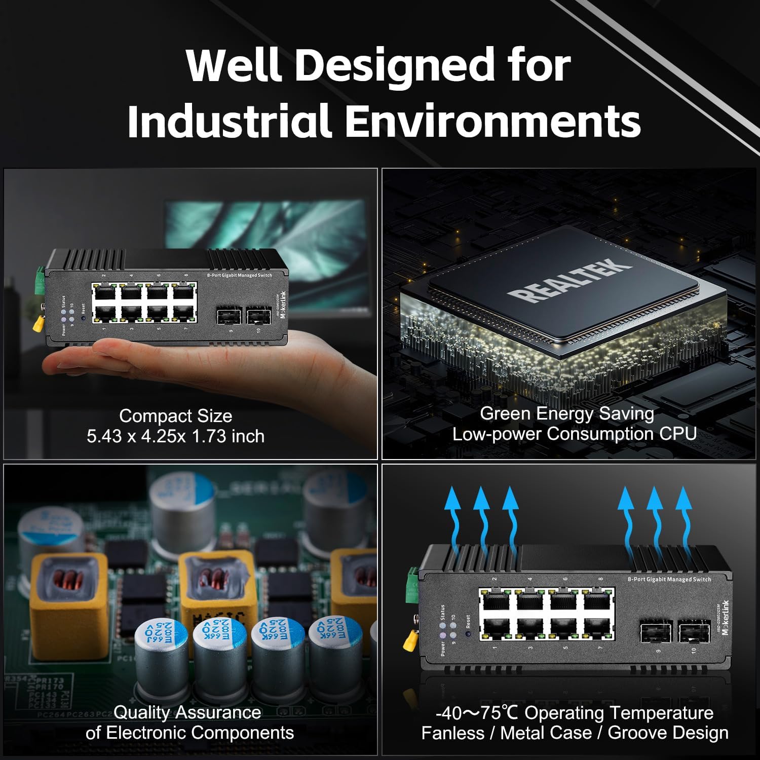 MokerLink 8 Port Gigabit Industrial DIN-Rail Ethernet Switch Managed, 2 SFP Ports, 20Gbps Switching Capacity, Web L2+ Managed IP40 Network Switch (-40 to 185°F), with Power Supply
