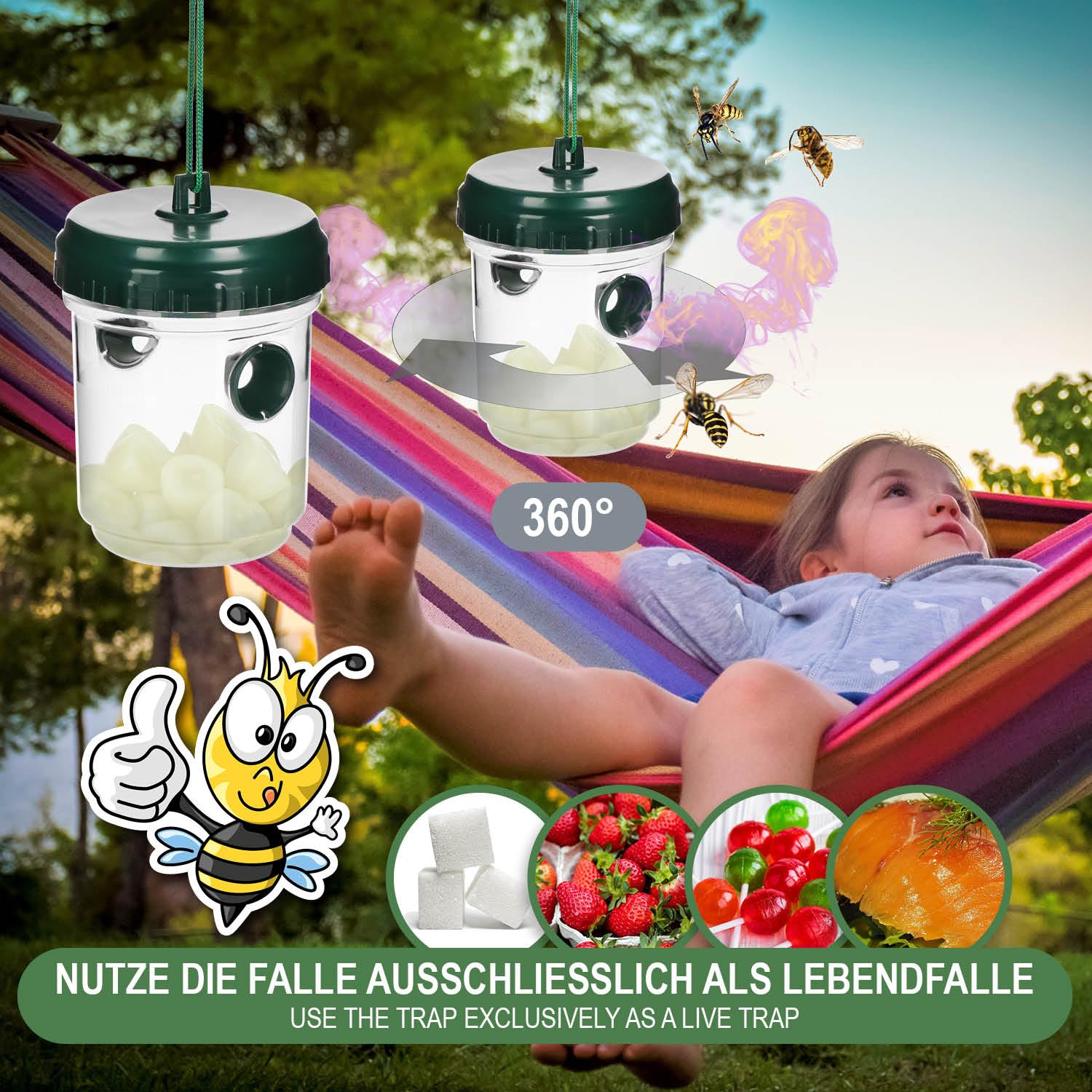 com-four® 2 zywolowne pulapki na osy, naturalna ochrona na zewnatrz | do zawieszenia lub postawienia - dzialanie 360°